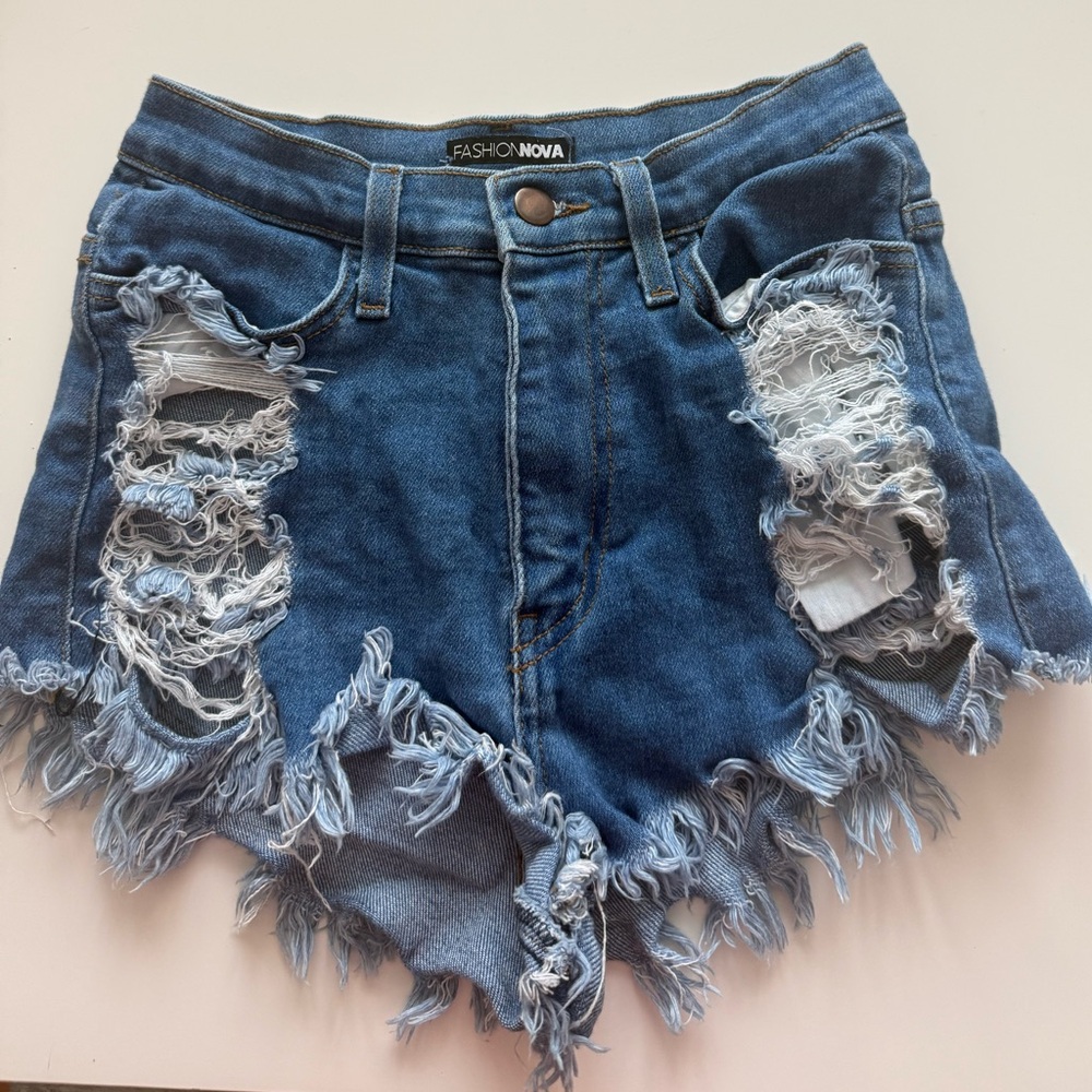 Fashion Nova Blue Distressed Denim Shorts